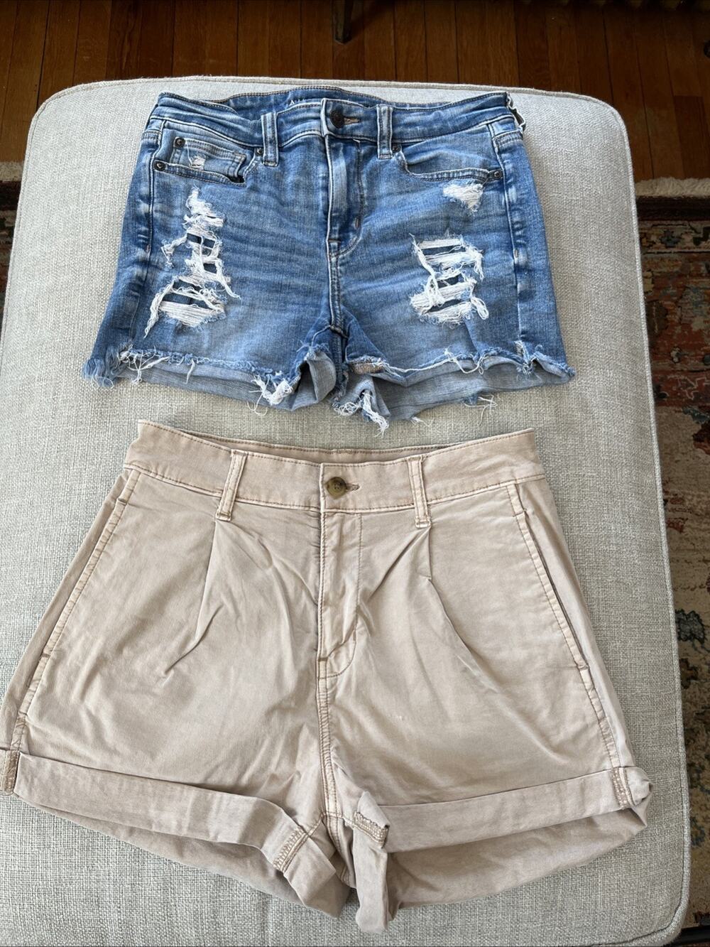 American Eagle Sz 4 Shorts Hi-Rise Shortie Distress Denim Khaki LOT of 2 Pairs